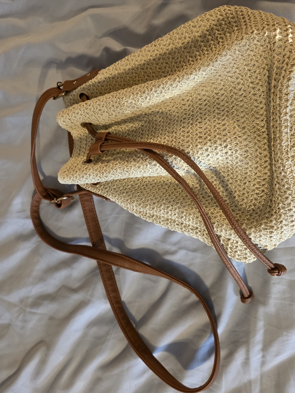 Montce Cream Straw Bucket Bag with Brown Leather Straps